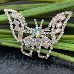 Vintage AB Crystal Rhinestones Articulated Bottom Silver-tone Butterfly Brooch